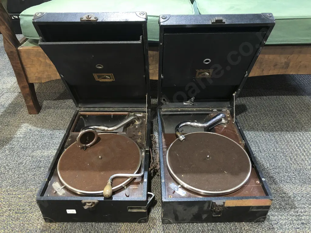 Two His Masters Voice Table Top Gramophones in Travel Cases Image 1++