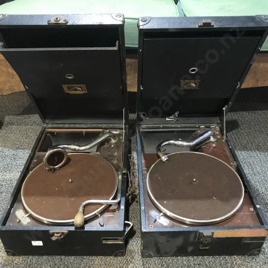 Two His Masters Voice Table Top Gramophones in Travel Cases
