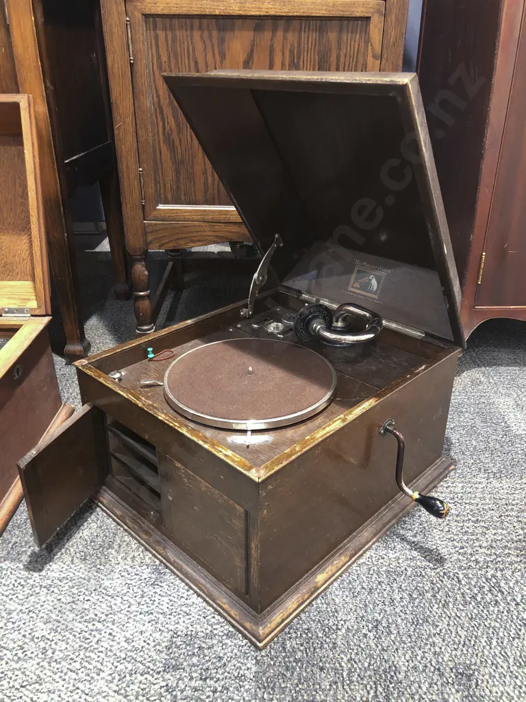Two His Masters Voice Oak Cased Table Top Gramophones Image 1++