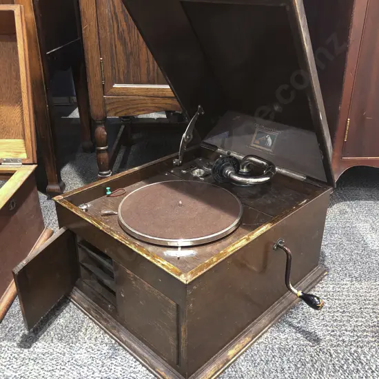 Two His Masters Voice Oak Cased Table Top Gramophones