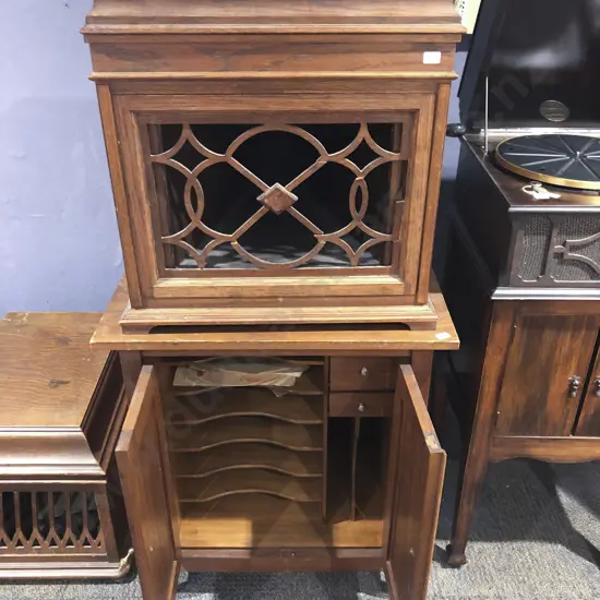 His Masters Voice Gramophone together with Oak Record Cabinet with Fitting Interior