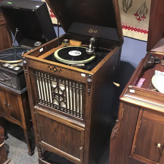 Edison Oak Cased Floor Standing Gramophone with Record Cabinet to Base