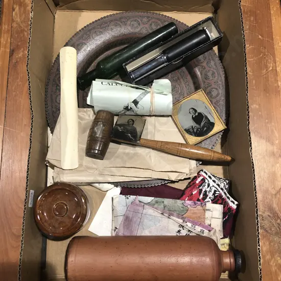 PHOTO/LOT CHANGE**Box of Assorted Vintage incl Tawari NZ Honey Stoneware Jar & Gavel