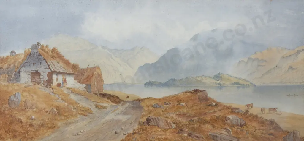 C19th Highland Loch Watercolour With Tenant Farmers Cottage Image 1++