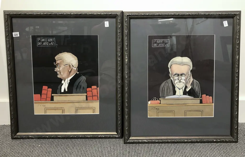 J.C. Hill Pair of NZ Judge Caricatures Image 1++