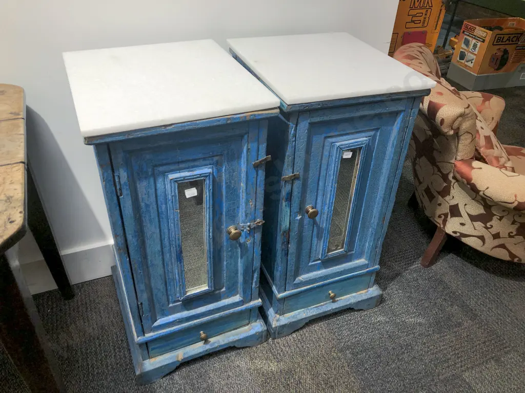 Pair of Marble Top Distressed Painted Side Cabinets Image 1++