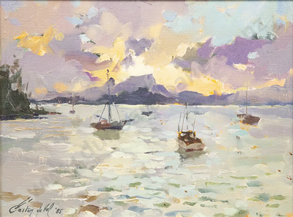 Gaston De Vel (1924 - 2010) - Sunset Whangaroa Harbour Image 1++