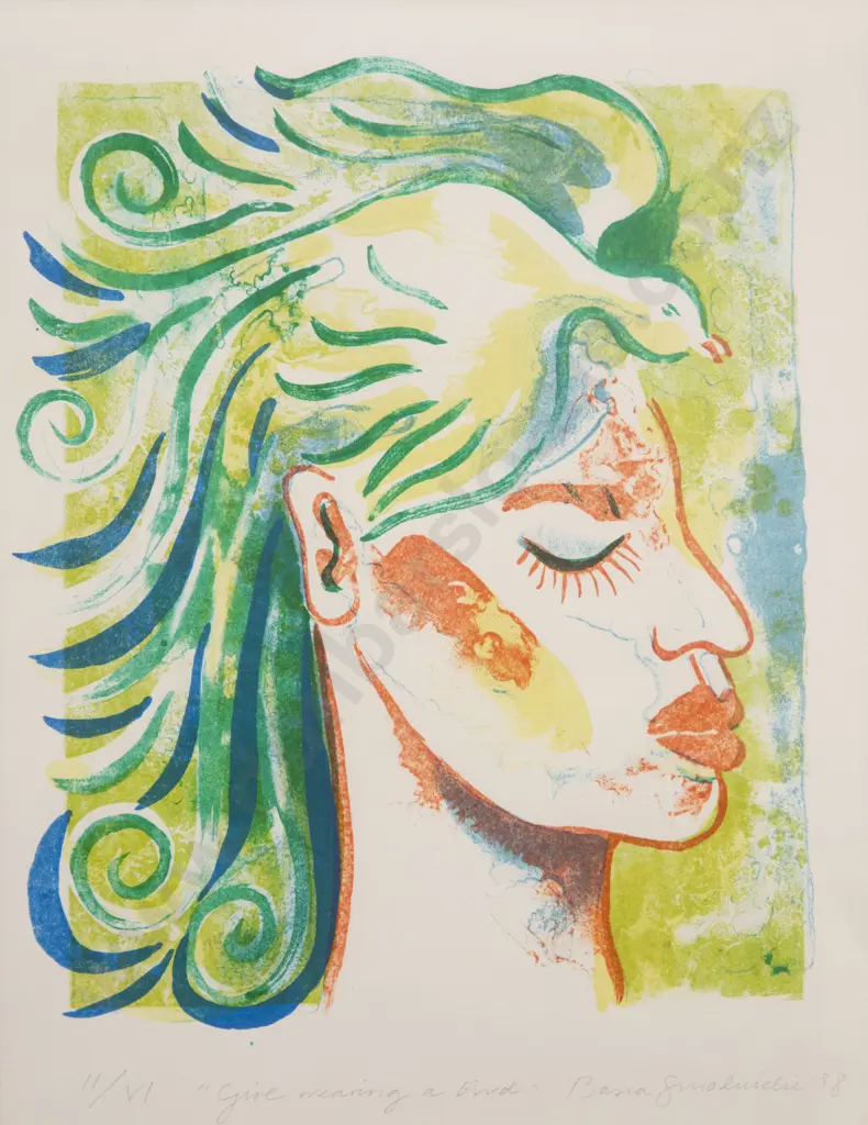 Basia Smolnicki (b 1961) - Girl Wearing A Bird Image 1++