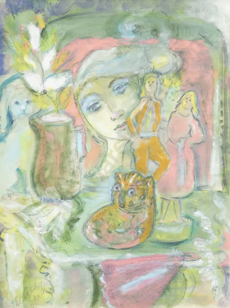 Ellinore Ginn (1915 - 1995) - Still Life with Figures and Cat Image 1++