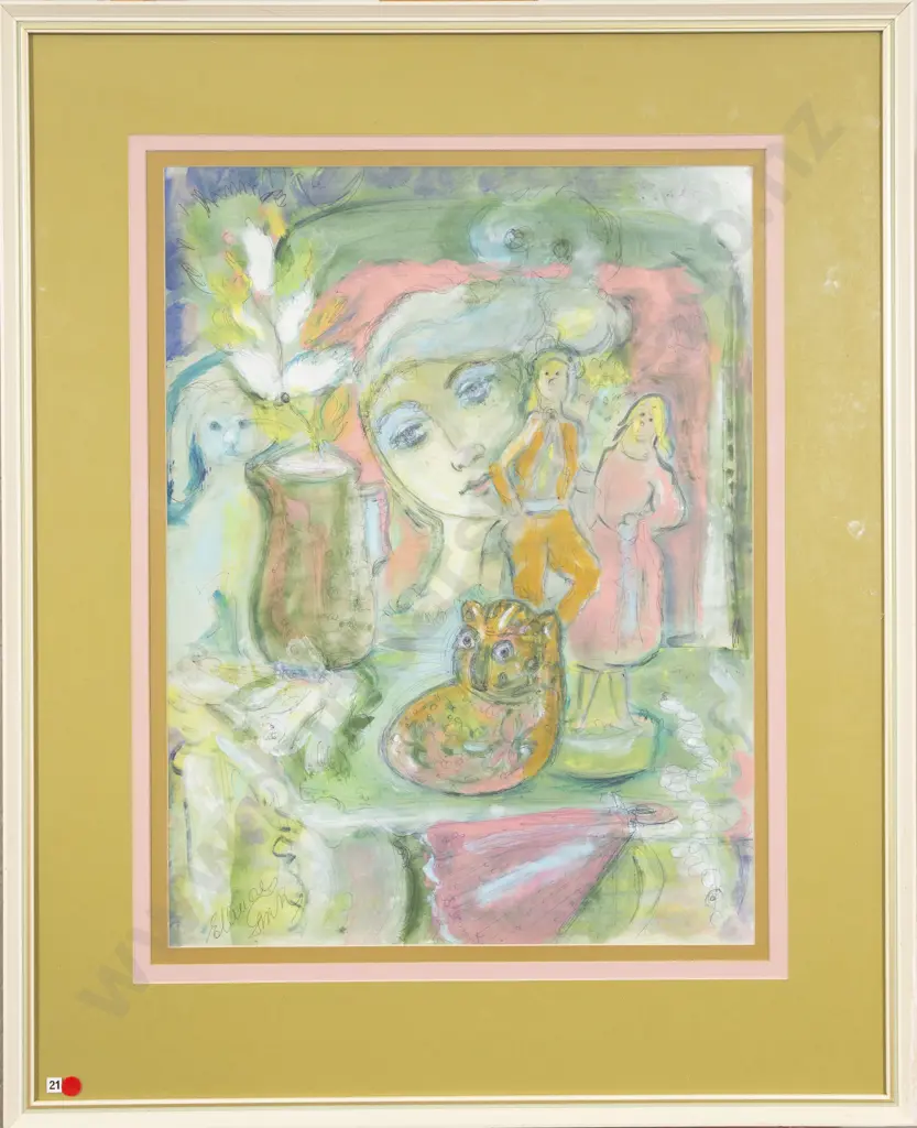 Ellinore Ginn (1915 - 1995) - Still Life with Figures and Cat Image 1++