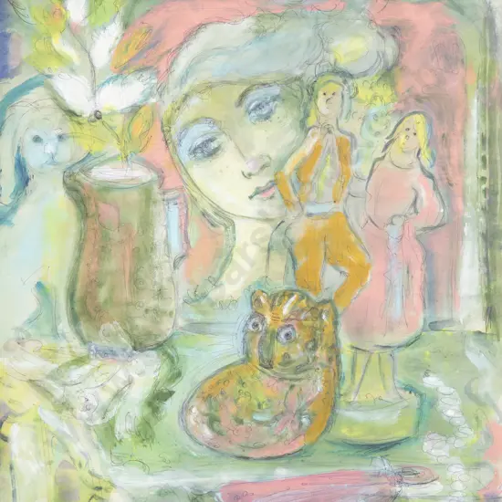 Ellinore Ginn (1915 - 1995) - Still Life with Figures and Cat