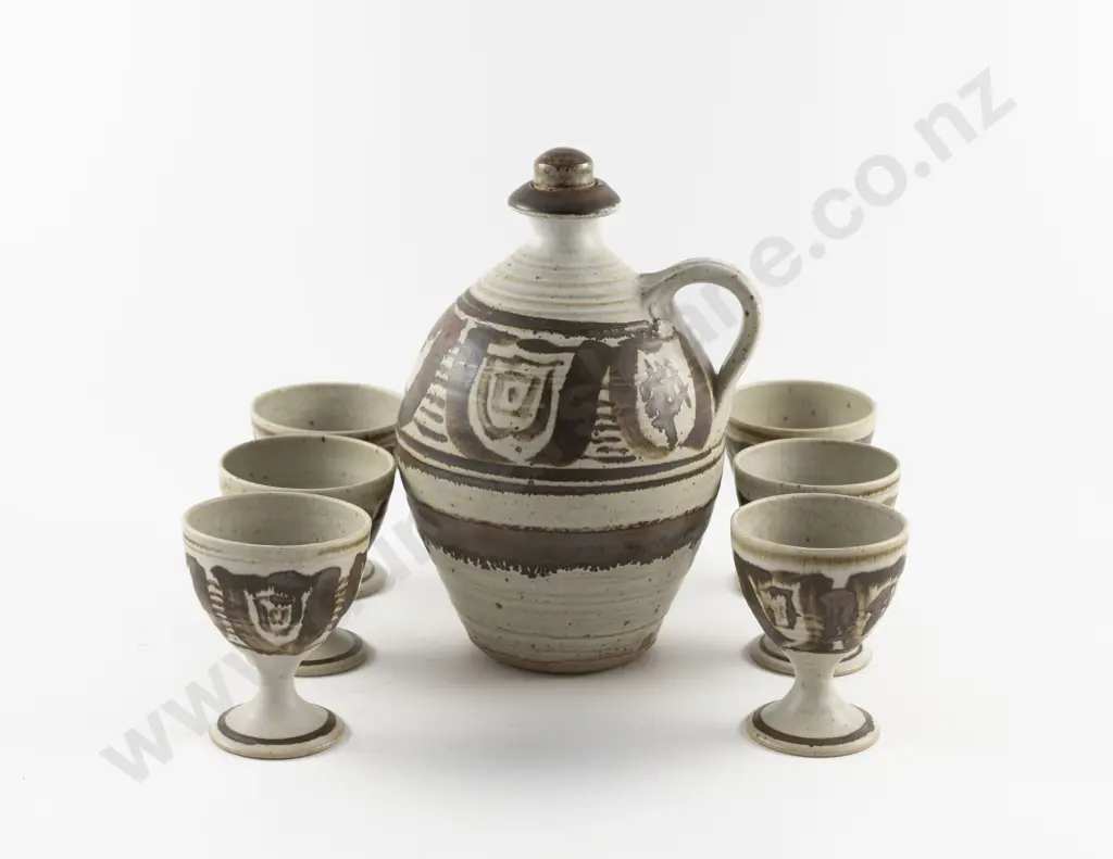 Probable Eatelle Martin Earthenware Flagon and Six Goblets Image 1++
