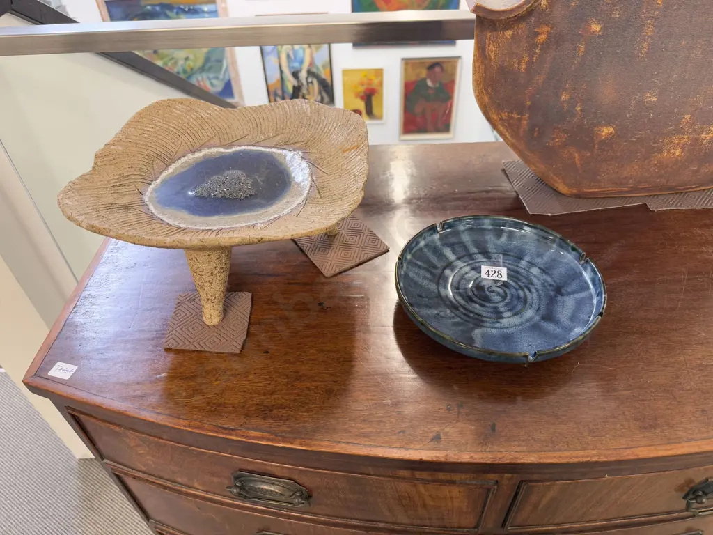 Unknown Potter Stoneware Tripod Base Shallow Bowl Image 1++