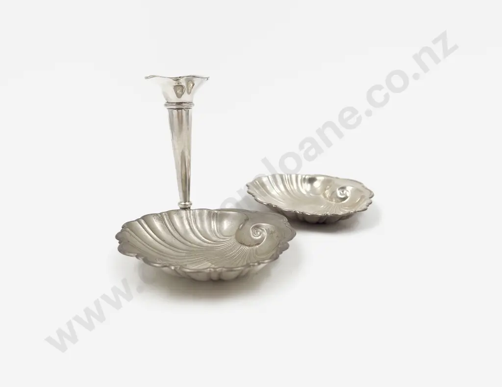 S/S Candlestick & Two Sterling Silver Clam Shell Coin Dishes Image 1++