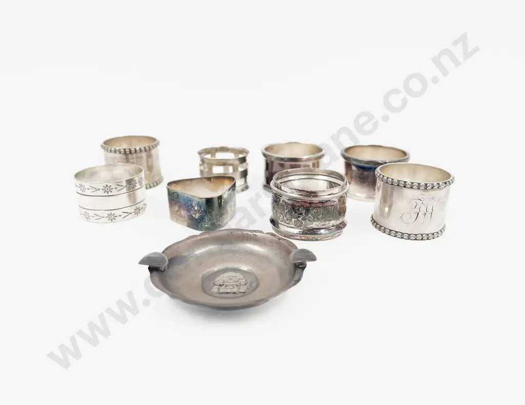 Two Sterling Silver Napkin Rings & Six others together with Ashtray Image 1++