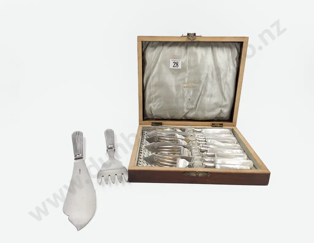 Cased Set of Six S/P Mother of Pearl Handled Fish Knives & Forks together with Fish Servers Image 1++
