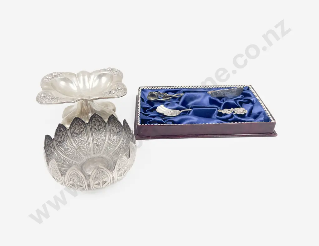Two French Silver Ashtrays & Pair Sterling Silver Cheese Utensils Image 1++