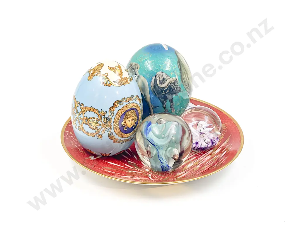 Two Decorative Ceramic Eggs & Two Art Glass Paperweights Image 1++