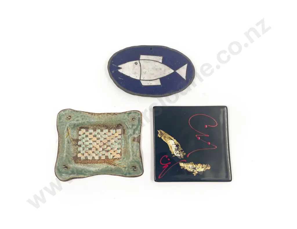 Two Pottery Wall Hangings together with Peter Collis Dish Image 1++