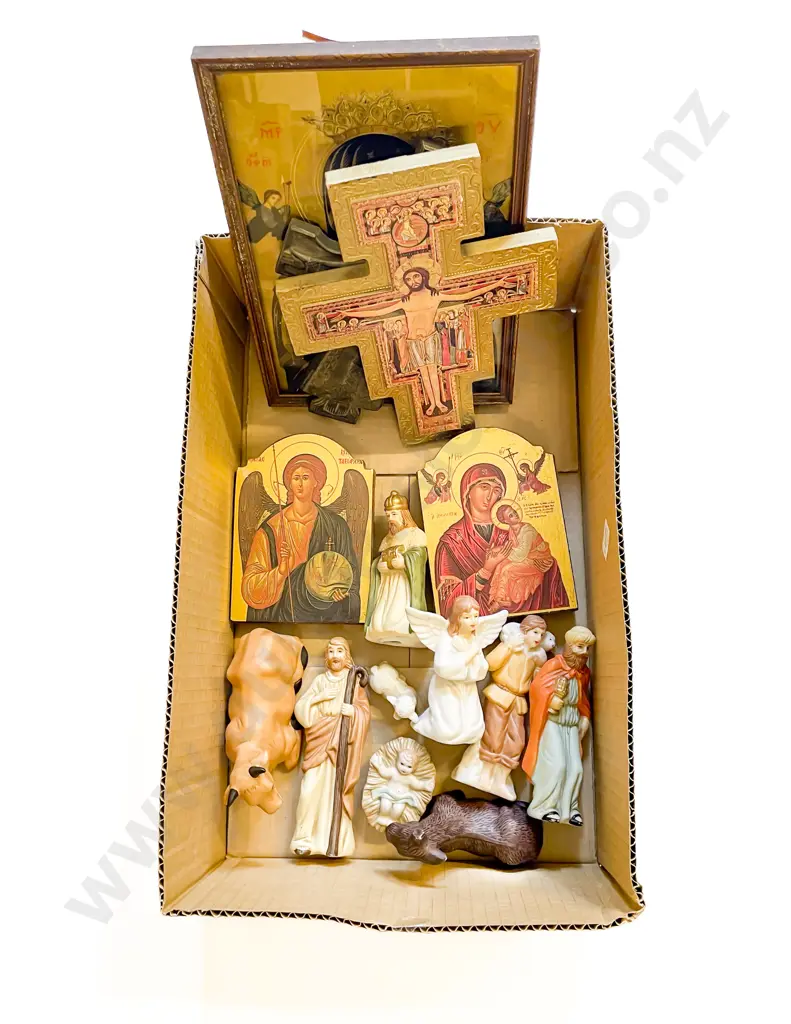 Quantity of Assorted Religious Icons together with Ceramic Nativity Set Image 1++