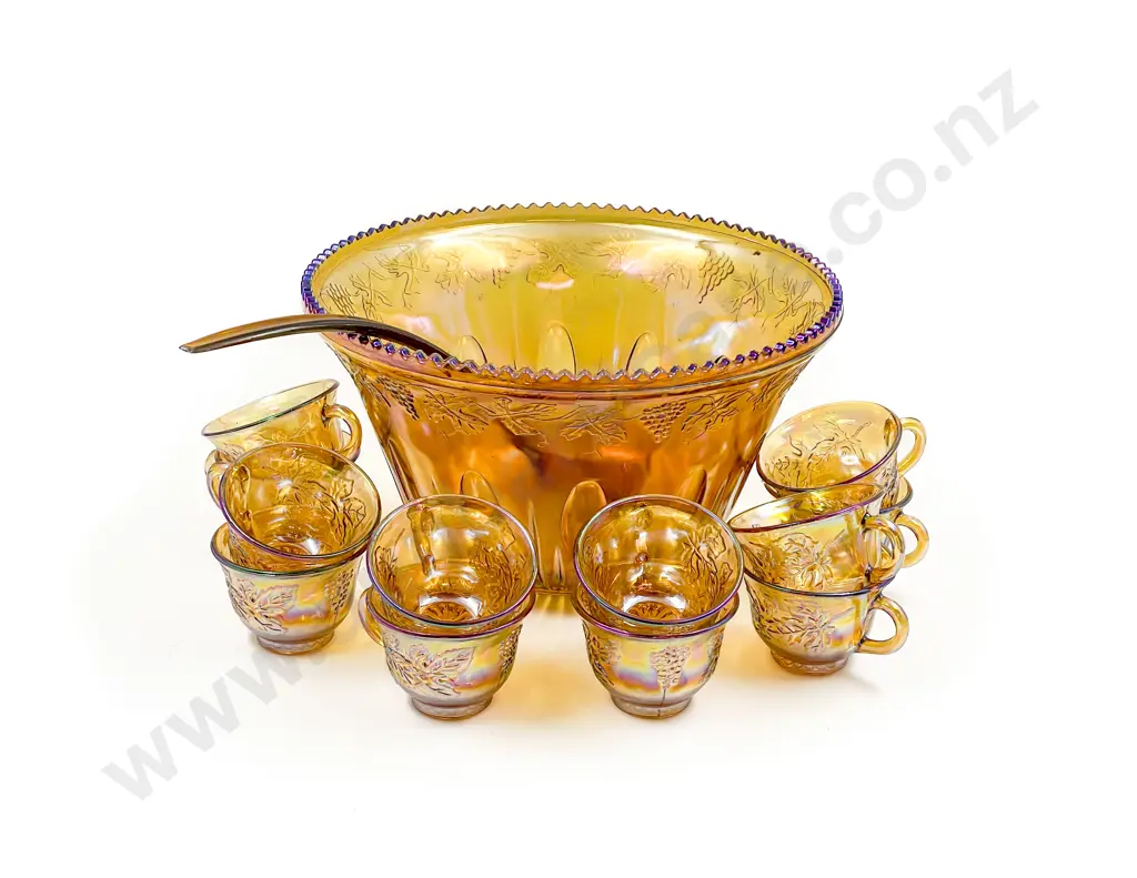 Carnival Glass Punch Bowl and Twelve Cups Image 1++