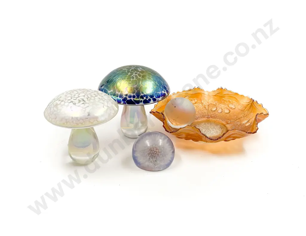 Two Heron Glass Mushrooms together with Paperweights and Carnival Glass Dish Image 1++
