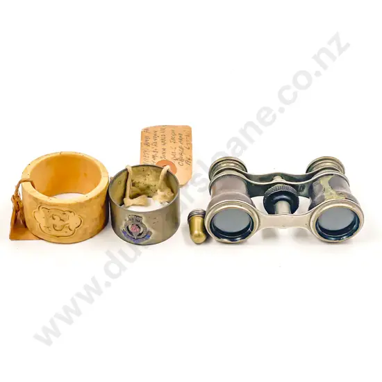 Pair Gents Opera Glasses with Ivory Napkin Ring and HMS Renown Napkin Ring