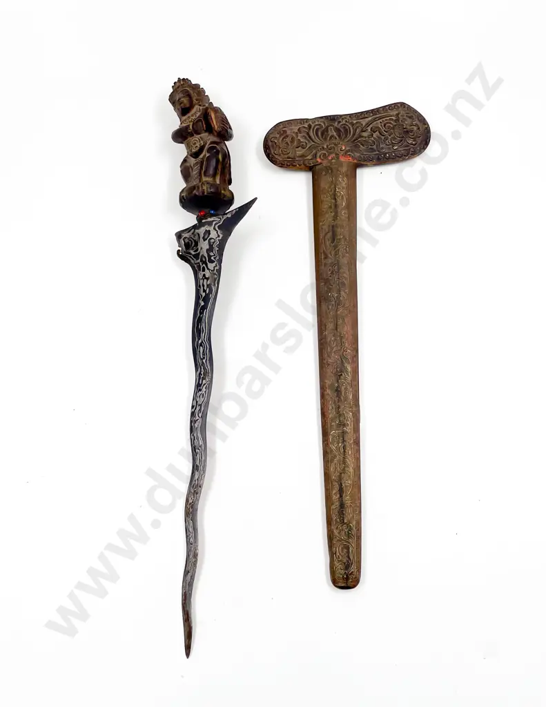Vintage Malaysian Kris with carved figural handle niello waved blade and sheath Image 1++