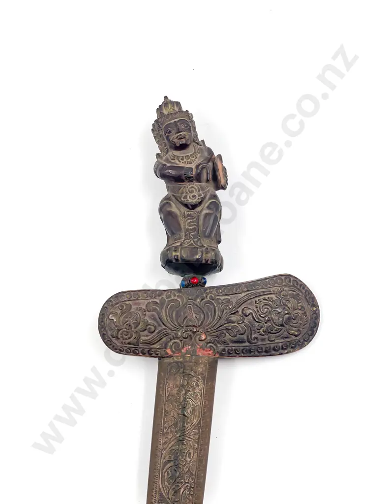 Vintage Malaysian Kris with carved figural handle niello waved blade and sheath Image 1++