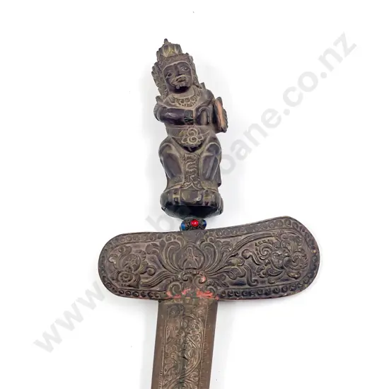 Vintage Malaysian Kris with carved figural handle niello waved blade and sheath