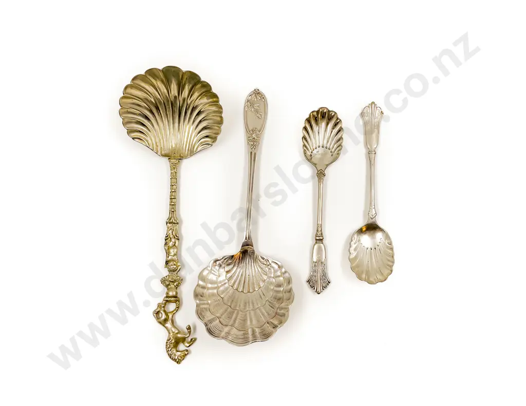 European Silver Scallop Form Spoon together with Three Plated Similar Image 1++