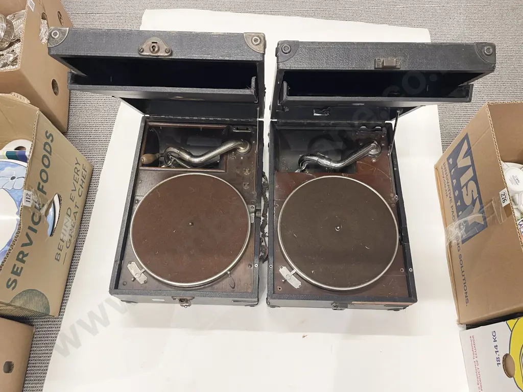Large Quantity of Assorted Vintage Scales with Two Travel Gramophones & Assorted Parts Image 1++