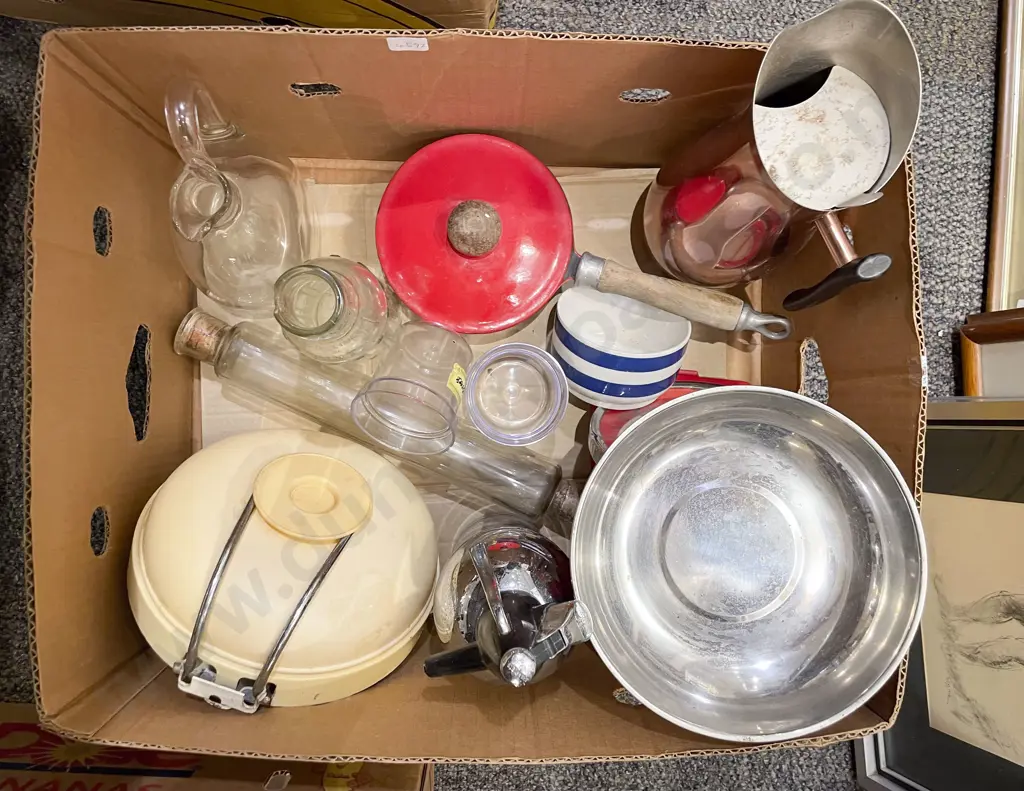 Box of Assorted Vintage Kitchenalia including Glass Rolling Pin Image 1++
