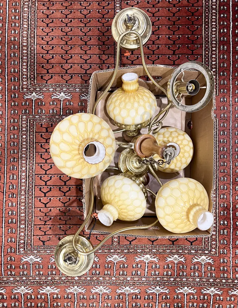 Brass Chandler and Two Matching Pendant Lights Image 1++