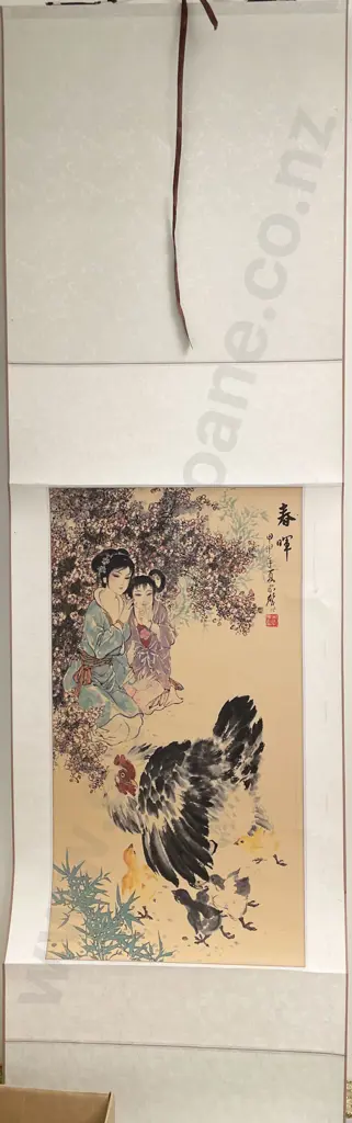 Boxed Japanese Scroll with Hen and Chickens Image 1++