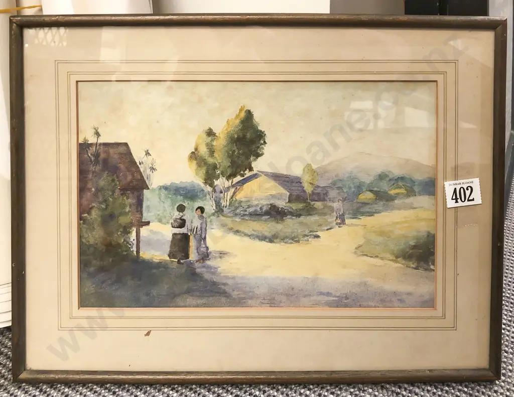 NZ Marae Scene Watercolour Image 1++