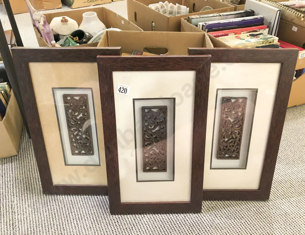 Three Framed Modern Mahogany Carvings Image 1++