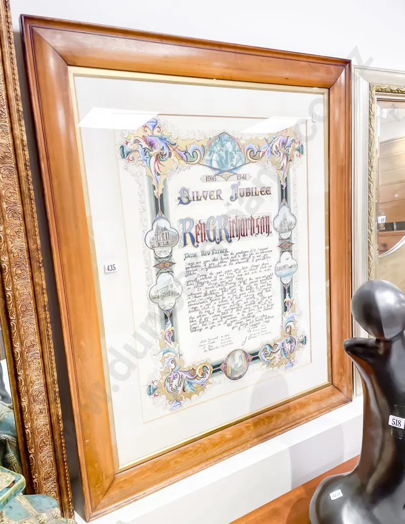 Framed Hand Coloured Silver Jubilee Commemoration for Rev. G. Richardson 1941 Image 1++