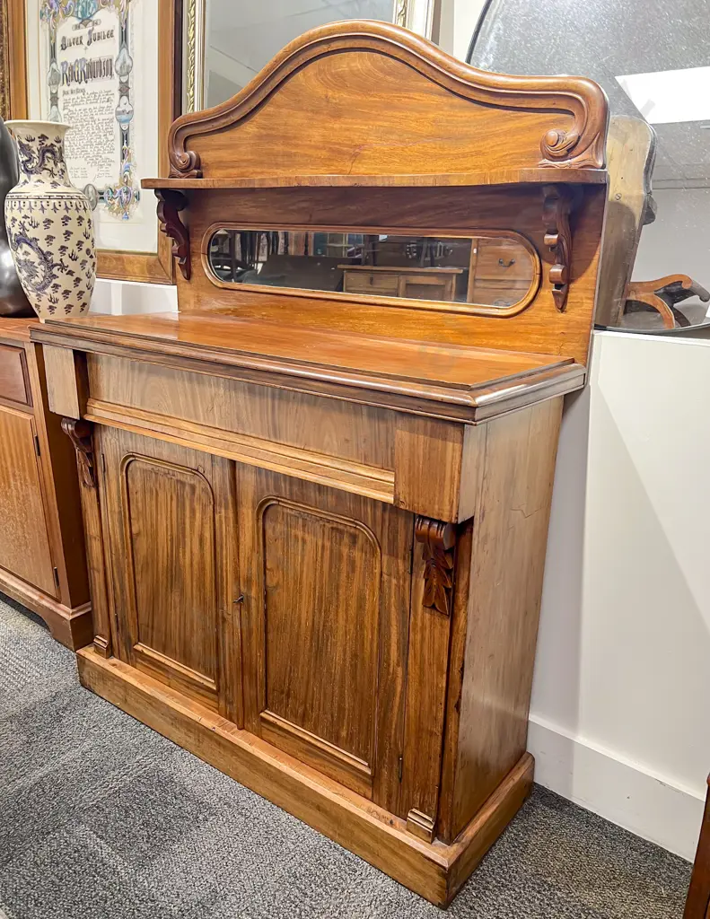 Vict Mahogany Chiffonier with Mirrored and Shelved Gallery Back Image 1++