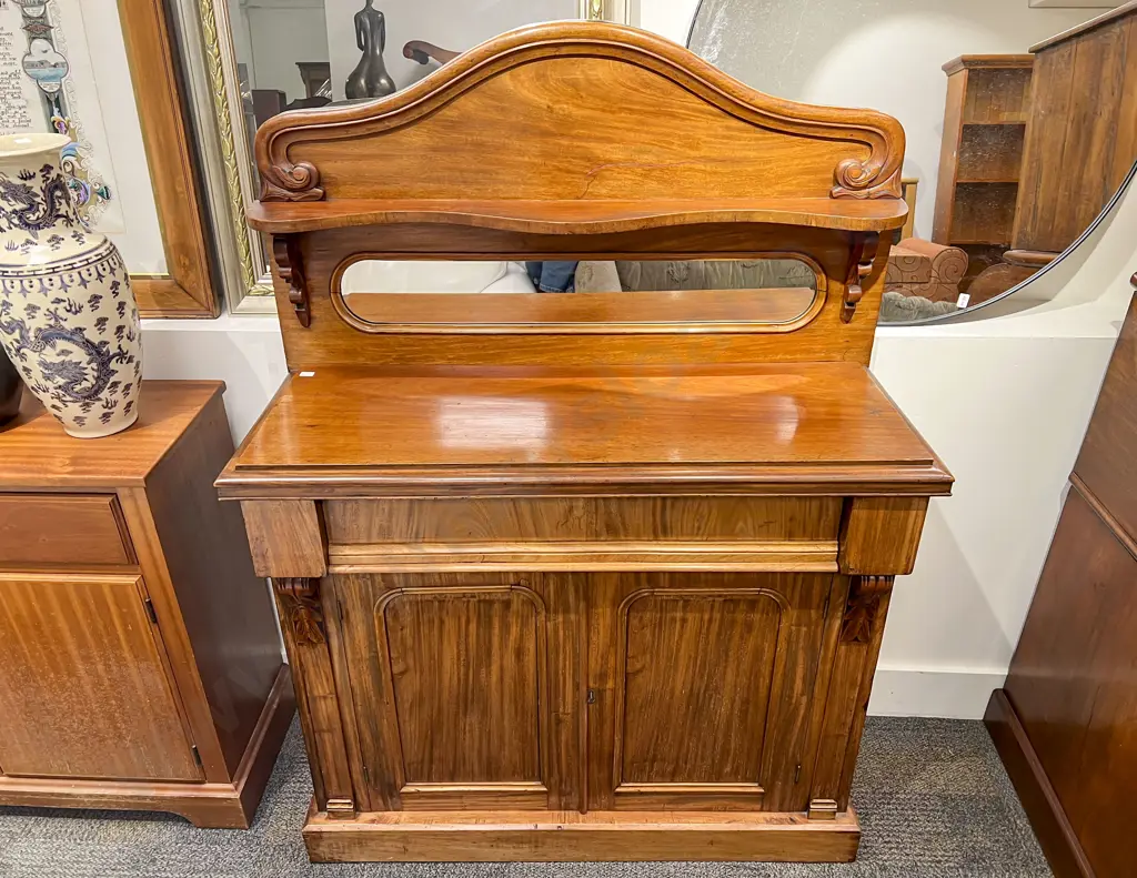 Vict Mahogany Chiffonier with Mirrored and Shelved Gallery Back Image 1++
