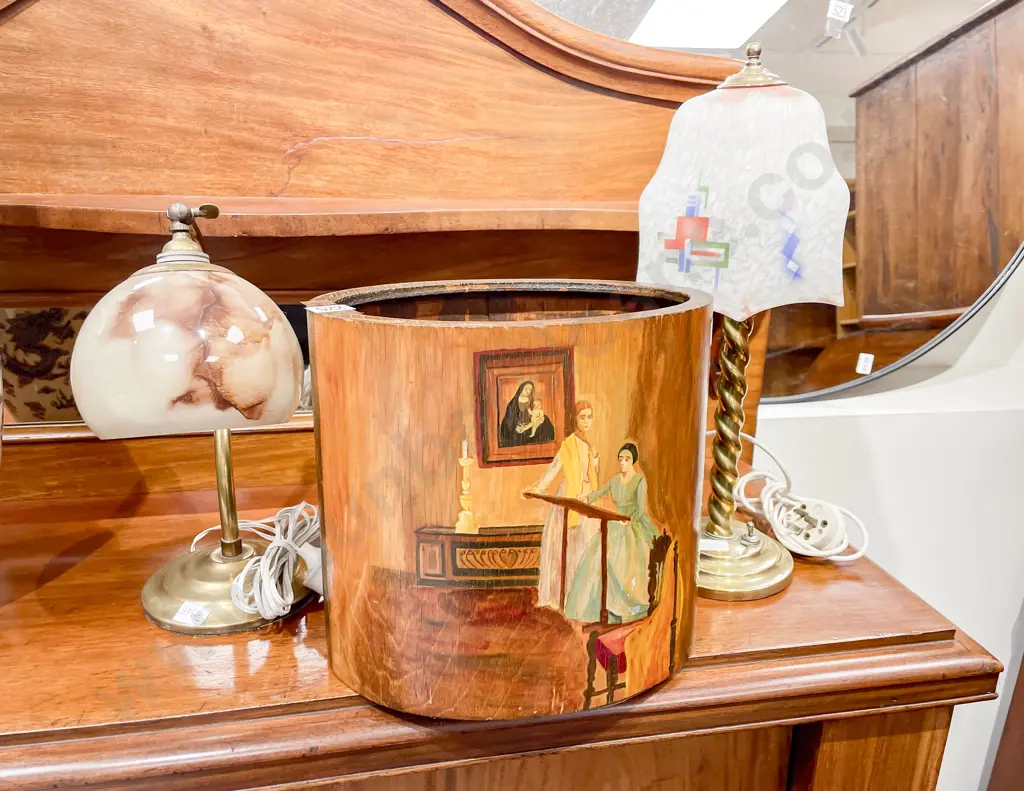 Two Glass Shade Table Lamps together with Hand Painted Wooden Bin Image 1++