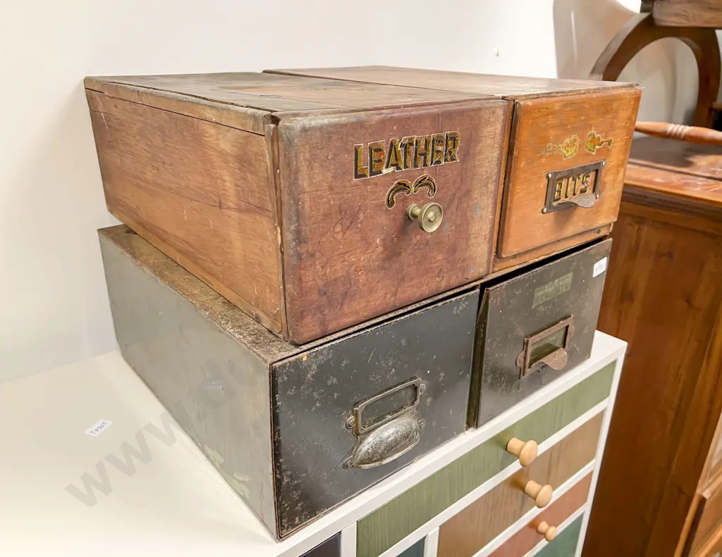Two Vintage Wooden Single File Drawers together with Vintage Two Drawer Metal Example Image 1++