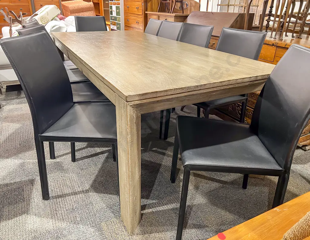 Sacha Mango Wood Dining Table together with Ten Black Leather Dining Chairs Image 1++