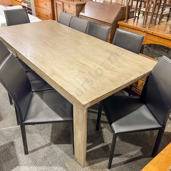 Sacha Mango Wood Dining Table together with Ten Black Leather Dining Chairs