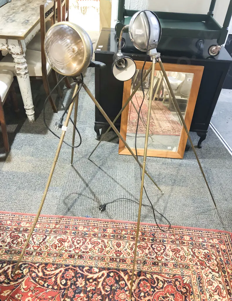 Two Steampunk Style Tripod Floor Lamps Image 1++