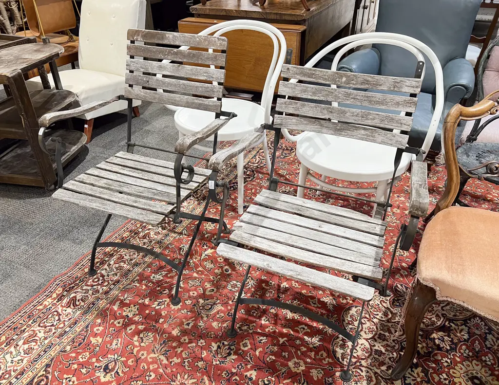 Pair of Wrought Metal & Slatted Folding Chairs Image 1++