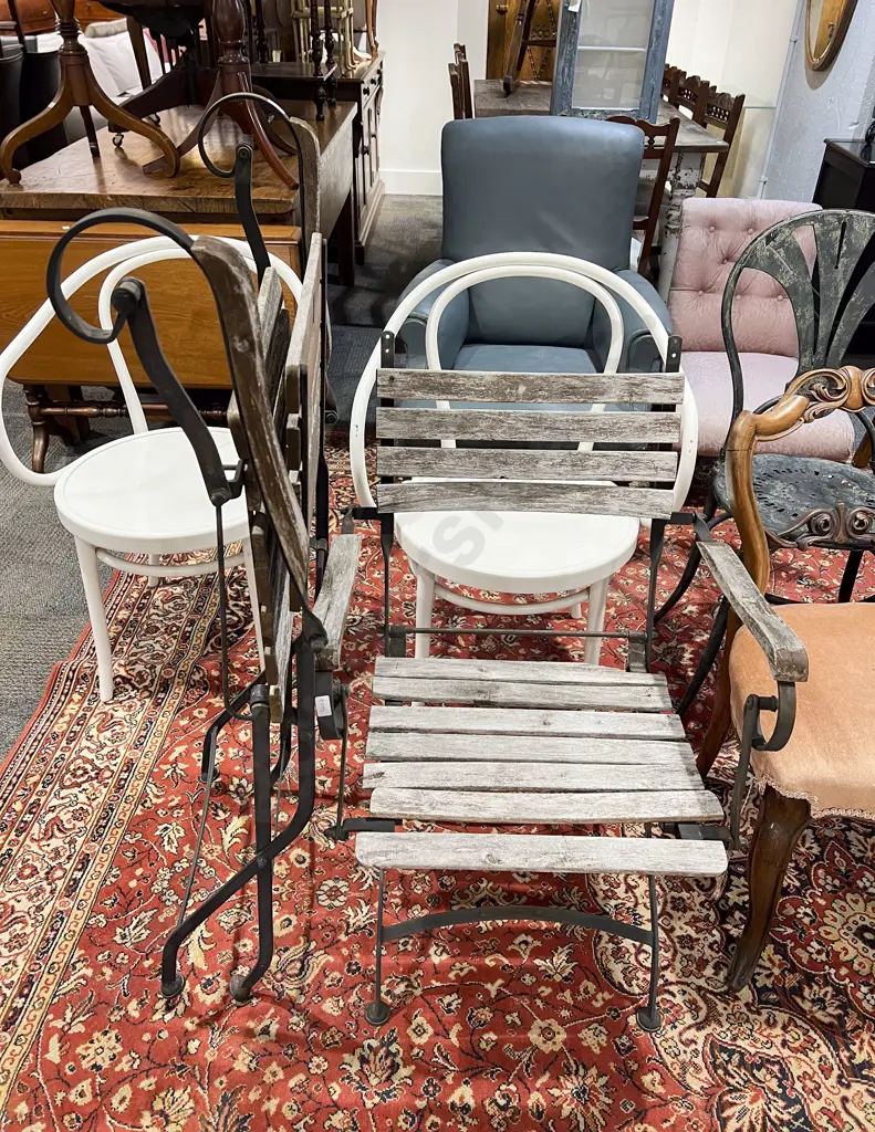 Pair of Wrought Metal & Slatted Folding Chairs Image 1++