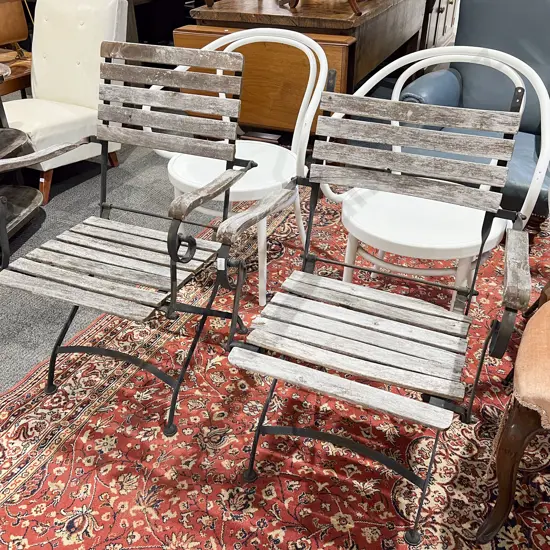 Pair of Wrought Metal & Slatted Folding Chairs