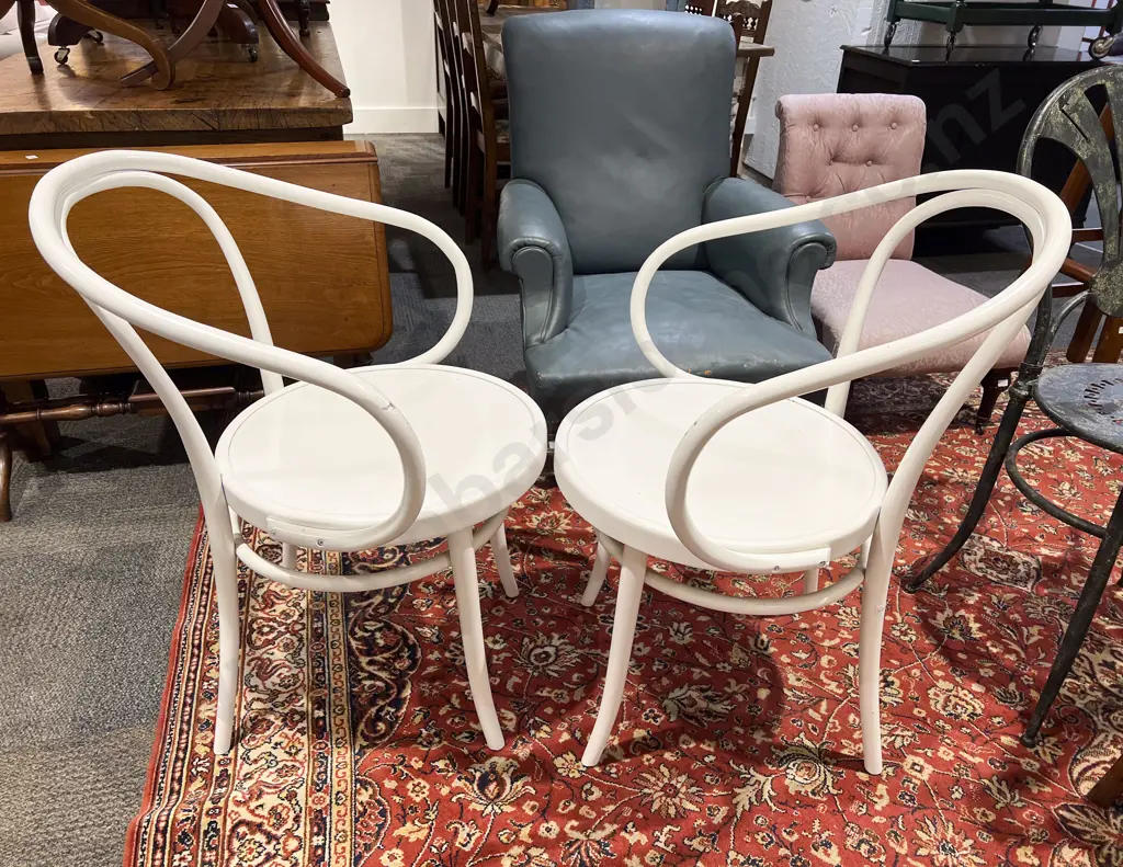 Pair of White Painted Bentwood Arm Chairs Image 1++
