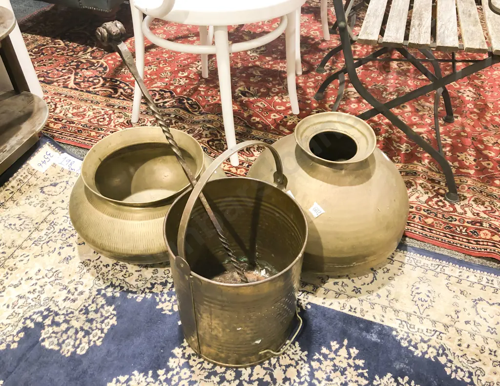 Two Brass Vases with Coal Bucket & Poker Image 1++